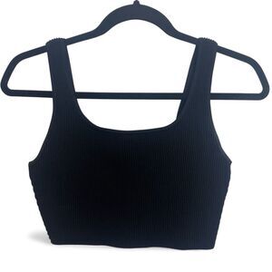 Babaton Women Crop Top Medium Black Ribbed Short Sleeve Square Neck Casual